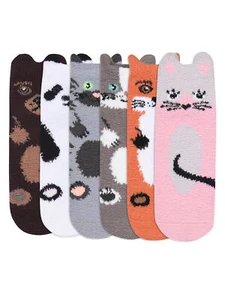 COZY 6 PACK WOMENS ANIMAL NON-SKID SLIPPER SOCKS - Picture 1 of 8