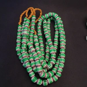 AA Vintage Venetian African Style Green Glass Chevron 10mm Beads Long Strand - Picture 1 of 12