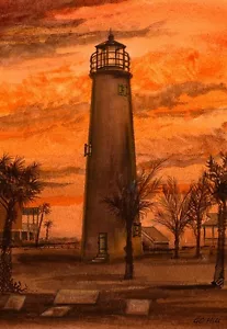 Faro de Cape St. George, Florida puesta de sol. Tarjetas de notas de acuarela de Gerald Hill - Imagen 1 de 2