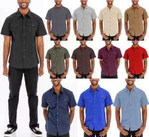 Mens Cotton Blend Short Sleeve Two Chest Pocket Button Down Shirt - Picture 1 of 53