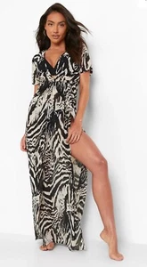 Boohoo Lydia einfarbiger Maxi-Strandkaftan mit Zebramuster Größe Large schwarz - Bild 1 von 12