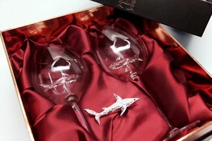 Swarovski Shark Ornament with Two Shark Wine Glasses! Rhodium Montana - Picture 1 of 13