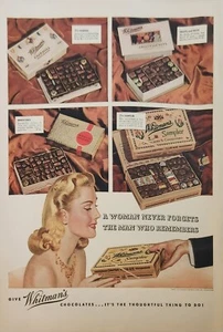 Whitmans Chocolate Candy 1940 anuncio vintage Una mujer nunca olvida - Imagen 1 de 1