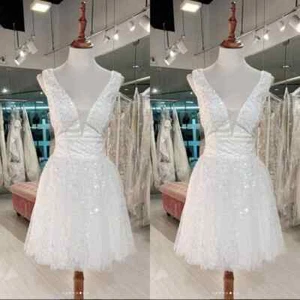 Mini Glitter Wedding Dresses V Neck Short Length Sleeveless Sequin Bridal Gowns - Picture 1 of 7