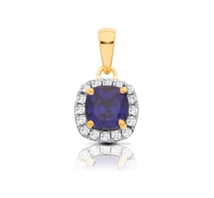 Sapphire Cushion Cluster Pendant Solid 9ct Yellow Gold 18" Chain Hallmarked - Picture 1 of 4