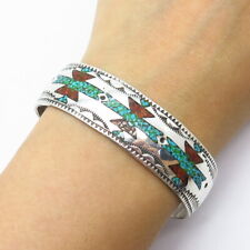 Florence Tahe Navajo Old Pawn 925 Sterling Silver Turquoise Coral Inlay Bracelet