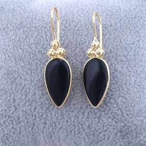 Anniversary Gift For Her Black Onyx Stud Earrings Yellow Gold Jewelry 1.61" - Picture 1 of 4