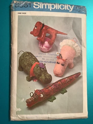 Used Simplicity sewing pattern for stuffed toys: Dog, Alligator, Mr. &Mrs. Hippo - Image 1 of 3