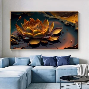 Gold Lotus Large Flower Canvas Premium Quality Wall Art Print No Framed - Picture 1 of 3