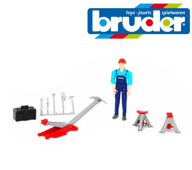 Bruder Toys 62100 Play Figure Mechanic + Garage equipment Jack Stands Tools 1:16 - Image 1 of 1