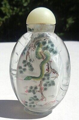 Fine Chinese Year Of Snake Reverse Painted Carved Rock Crystal Snuff Bottle • 54£
