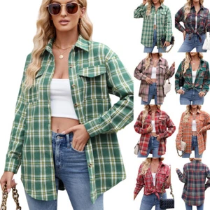Ladies Check Casual Buttons Pocket Shirts Coat Tops Long Sleeve Blouse SIZE 8-22 - Picture 1 of 16