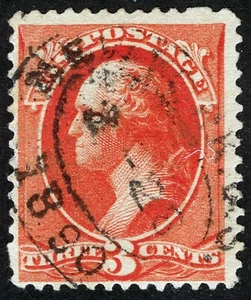 US Sc 214 Vermillion 3¢ 1887 ABNCo. Black Double Rim BOSTON 1890 Oval Cancel - Picture 1 of 1