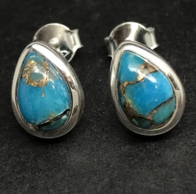 Mohave turquoise stud earrings solid Sterling Silver pear 9 x 6mm box - Image 1 of 4