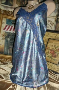 M Ultra Silky Liquid Satin Full Slip Nightgown Swirl Pour Paint Blue Pink USA - Picture 1 of 5