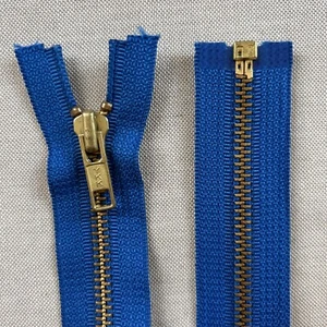 Vtg (YYK - USA) SEPARATING METAL ZIPPER Brass Tone Blue 14” Jacket - Picture 1 of 5