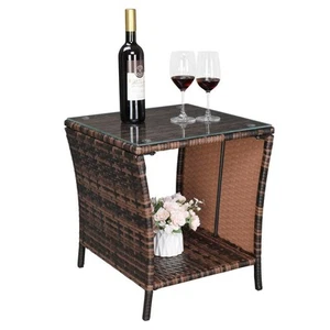 Wicker Rattan Square Side End Coffee Table Patio w/ Glass Top Bedroom Furniture - Picture 1 of 12