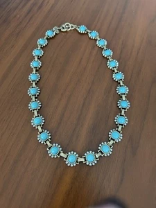 J Crew Faux Turquoise Rhinestone Art Deco Style Brass Toned Link Necklace - Picture 1 of 9