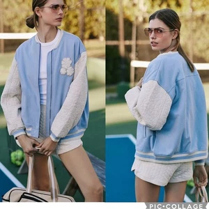 L*SPACE Active Quilted-Sleeve Fowler Bomber Jacket In Blue Size Large NWT - Picture 1 of 7
