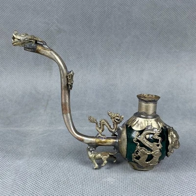 Tibet Silver Inlaid Old Jade Handmade Statue Dragon Phoenix Tiger Smoking Pipe - Image 1 of 4