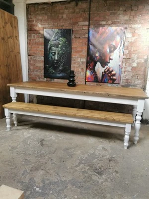8 Ft Rustic Reclaimed Plank farmhouse dining table and bench - Image 1 of 4