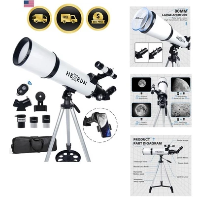 80mm Aperture Astronomy Telescope Portable Refractor 600mm AZ Mount for Kids ... - Image 1 of 4