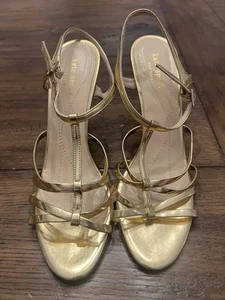 KATE SPADE Women’s Sz 8.5 B Metallic Gold Leather Ankle Strap Pumps Heel Sandals - Picture 1 of 14