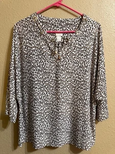 CHICO'S TOP BLOUSE CHICO'S SZ 2 (LARGE) LEOPARD PRINT STRETCH 3/4 SLV TIE NECK - Picture 1 of 5