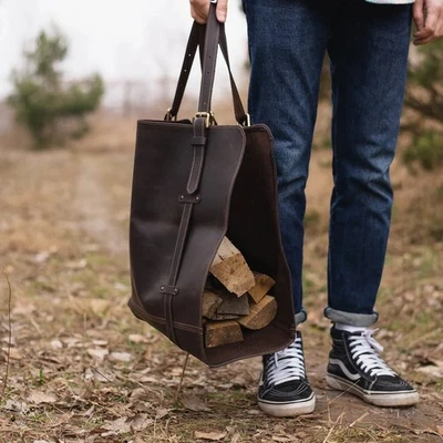 Portador de troncos de cuero, portador de leña, accesorio de chimenea de cuero, hecho a mano Foto 1 de 4