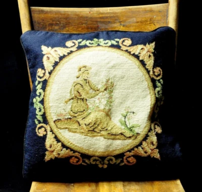 Vintage Wool Needlepoint Pillow Cover Navy Blue Greek Goddess Cushion Cover 16in - Image 1 of 4