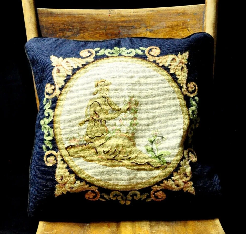 Vintage Wool Needlepoint Pillow Cover Navy Blue Greek Goddess Cushion Cover 16in - Image 1 of 4