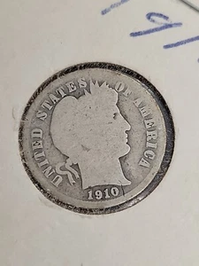 1910 BARBER 90% SILVER DIME 10C COIN - Picture 1 of 2