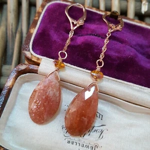 925 Sterling Silver Earrings, Rose Gold Plated, Strawberry Quartz Gems Dangle - Picture 1 of 7