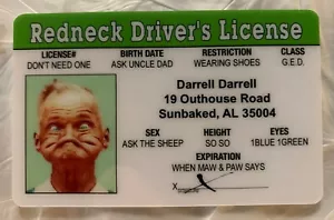 Red Neck Drivers License Joke Novedad Tarjeta de identificación Redneck Hillbilly - Imagen 1 de 1