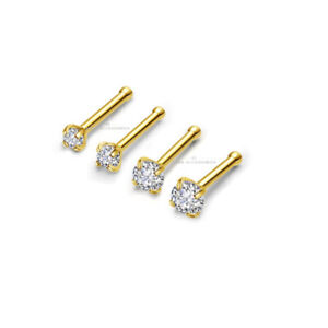 Gold Nose Stud Stainless Steel Prong Clear Gem Bone Pin Straight Piercing 