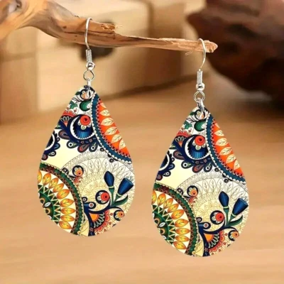 Fashion Wooden Boho Flower Pattern Design Water Drop Dangle Earrings Women - Image 1 of 2