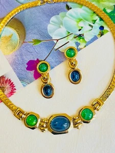 Christian Dior GROSSE Emerald Sapphire Cabochon Dangle Necklace Earrings Set - Picture 1 of 13