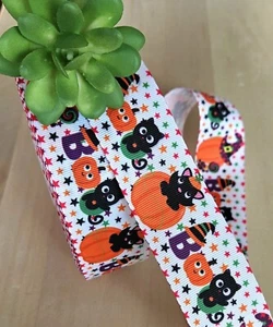 7/8 & 1,5 Zoll (1 YD) Halloween Ripsband schwarz Katzenboo Kürbis - Bild 1 von 2