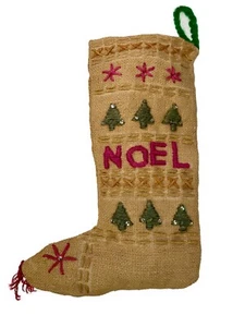 "Medias navideñas de arpillera de 15"" NOEL árboles verdes primitivos de granja" - Imagen 1 de 3