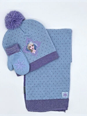 Disney Frozen Elsa Girls Blue Purple Scarf Hat & Mittens Beanie Set NWT AB10 - Image 1 of 4