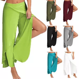 Damenhose mit breitem Bein hochtailliert fließend geteiltes Bein Hose Strand Boho Palazzo - Bild 1 von 17