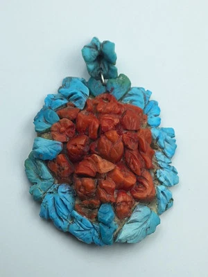 ciondolo Antico corallo Rosso Turchese Naturale e Argento 800 Pendente Cammeo - Immagine 1 di 4