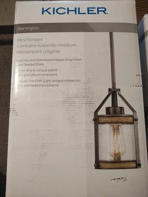 Mini luz colgante Kichler Barrington yunque hierro vidrio semillado - nueva en caja sellada Foto 1 de 3