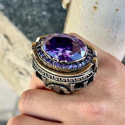Anillo grande de amatista de plata 925, anillo de amatista púrpura natural profundo para hombre Foto 1 de 4