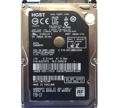 Hitachi HTS541010A9E662 PN: 0J27473 MLC:DA5218 Thailand 1TB 2.5" Sata HDD 2013 - Image 1 of 4
