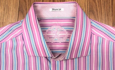 BUGATCHI SHAPED FIT Mens 100% COTTON POINT COLLAR SHIRT PINK STRIPE LARGE, L - Image 1 of 4