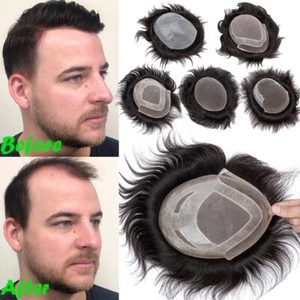 Men Toupee Human Hair Pieces Durable Replacement System Fine Mono Hair Unit Bond - Picture 1 of 89
