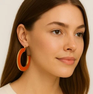 NWT Marlyn Schiff Enamel and Brass Hoop Earrings-Orange - Picture 1 of 5