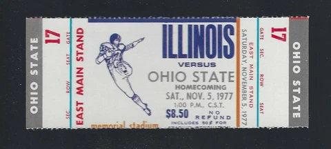 VINTAGE 1977 NCAA OHIO STATE BUCKEYES @ ILLINOIS ILLINI FULL FOOTBALL TICKET Cover