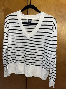GAP 24/7 Split-Hem Linen-Blend Sweater Size XS White Dark Blue Stripes - Picture 1 of 5